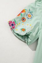 Load image into Gallery viewer, Clearly Aqua Floral Embroidered Puff Sleeve Split Neck Blouse

