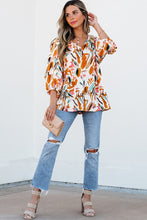 Load image into Gallery viewer, Yellow Abstract Print Drawstring Frilled V Neck 3/4 Sleeve Blouse
