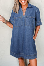 Load image into Gallery viewer, Blue Short Sleeve Collared Patched Pocket Denim Mini Dress
