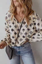Load image into Gallery viewer, White Printed Split Neck Bubble Sleeve Loose Blouse
