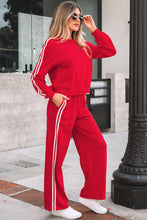 Load image into Gallery viewer, Fiery Red Varsity Striped Detail Crewneck Pullover Elastic Sweatpants 2pcs Outfit
