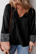 Load image into Gallery viewer, Black Floral Patchwork Textured Knit Drawstring V Neck Blouse
