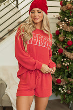 Load image into Gallery viewer, Racing Red Corded MERRY Graphic Long Sleeve Top and Shorts Set
