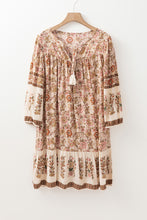 Load image into Gallery viewer, Apricot Floral Print Tassel Drawstring V Neck Loose Mini Dress
