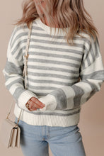 Load image into Gallery viewer, Gray Stripe Drop Shoulder Crew Neck Sweater
