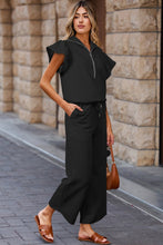 Load image into Gallery viewer, Black Textured Ruffled Sleeve Zipped Top and Wide Leg Pants Set
