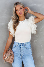 Load image into Gallery viewer, White Dotty Mesh Ruffle Sleeve Ribbed Knit Top
