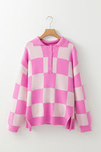 Load image into Gallery viewer, Pink Checkerboard Half Button Collared Drop Shoulder Sweater
