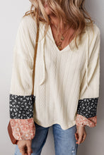 Load image into Gallery viewer, Beige Floral Patchwork Textured Knit Drawstring V Neck Blouse
