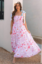 Load image into Gallery viewer, Pink Floral Print Knotted Shoulder Smocked Maxi Dress
