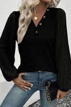 Load image into Gallery viewer, Black Buttoned V Neck Ribbed Puff Sleeve Top
