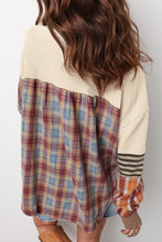 Load image into Gallery viewer, Beige Waffle Stripe Plaid Patchwork Henley Knit Top
