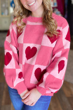 Load image into Gallery viewer, Pink Love Heart Checkered Valentine Crew Neck Sweater
