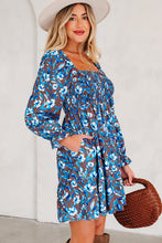Load image into Gallery viewer, Blue Smocked Bodice High Waist Ruffled Sleeve Floral Dress
