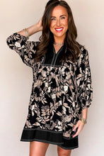 Load image into Gallery viewer, Black 3/4 Sleeve Botanical Print Split Neck Loose Mini Dress

