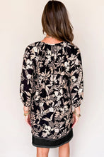 Load image into Gallery viewer, Black 3/4 Sleeve Botanical Print Split Neck Loose Mini Dress
