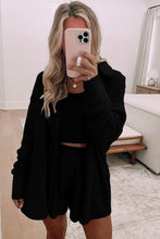 Load image into Gallery viewer, Black 3 Pcs Crop Tank Top Shorts with Cardigan Lounge Set
