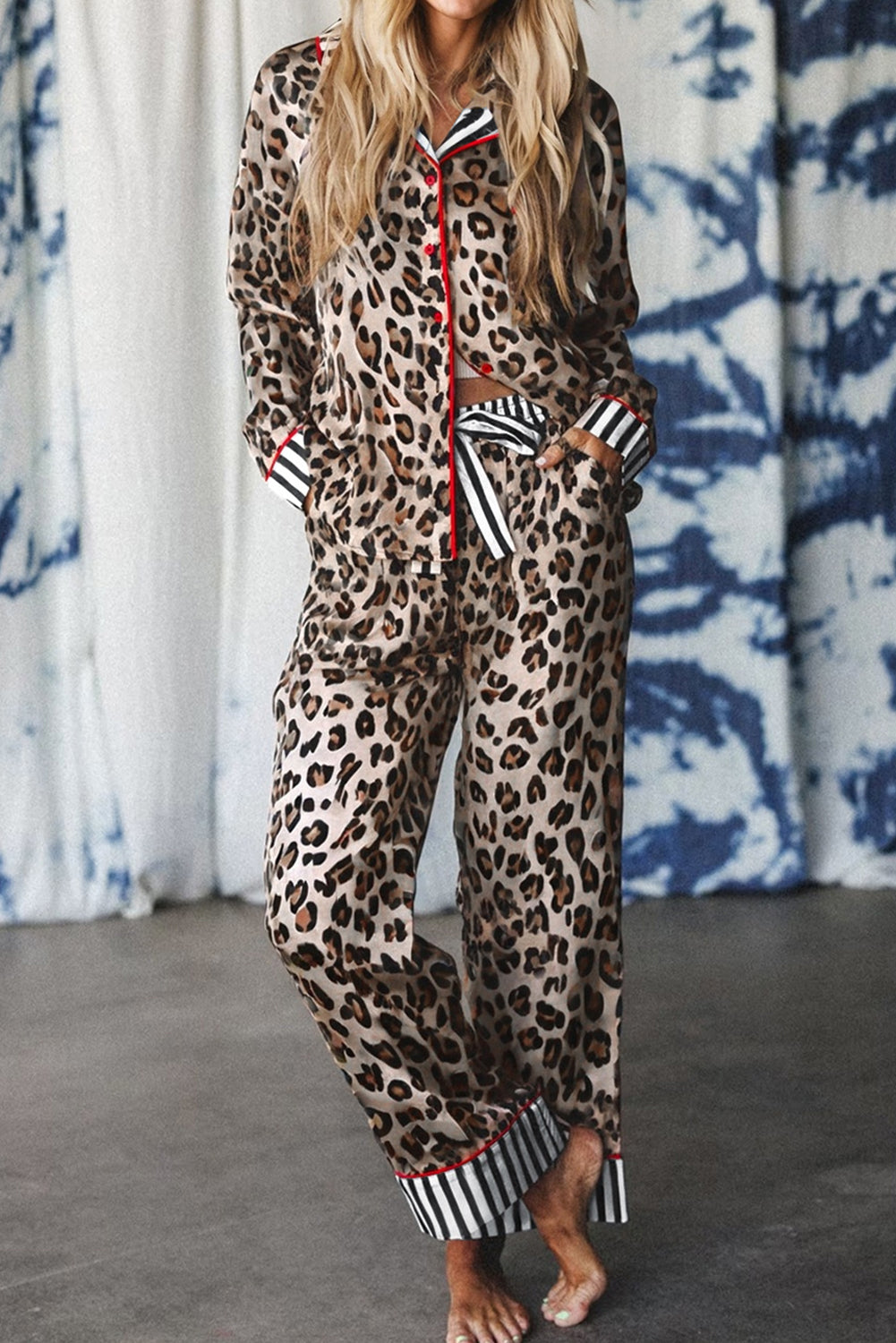 Dearlove Khaki Leopard Print Colorblock Striped Edge Shirt and Pants Pajama Set