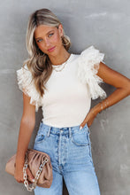 Load image into Gallery viewer, White Dotty Mesh Ruffle Sleeve Ribbed Knit Top
