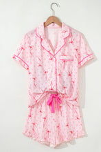 Load image into Gallery viewer, Pink Bow Print Contrast Pipping Short Pajamas Set
