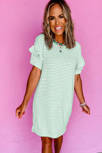 Load image into Gallery viewer, Green Stripe Ruffled Short Sleeve Crew Neck T Shirt Shift Mini Dress
