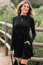 Load image into Gallery viewer, Black Frilled Neck Ribbed Knit Patchwork Long Sleeve Mini Dress
