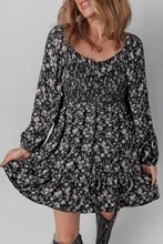 Load image into Gallery viewer, Black Floral Long Sleeve Frilly Shirred Square Neck Mini Dress
