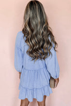 Load image into Gallery viewer, Beau Blue Puff Sleeve V Neck Tiered Ruffled Chambray Mini Dress
