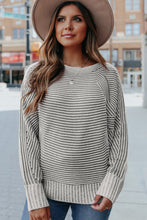 Load image into Gallery viewer, Medium Grey Striped Print Ribbed Knit Boat Neck Baggy Sweater
