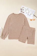 Load image into Gallery viewer, Dark Khaki Ribbed Balloon Sleeve Pullover Top and Biker Knitted Short Set
