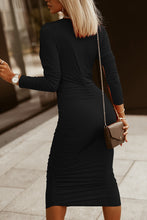 Load image into Gallery viewer, Black Long Sleeves Wrap V Neck Ruched Sheath Midi Dress
