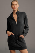 Load image into Gallery viewer, Black Zip up Collared Ribbed Patchwork Sweatshirt Dress with Pockets
