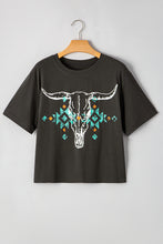 Load image into Gallery viewer, Carbon Grey Vintage Western Bull Head Skull Turquoise Aztec Graphic T Shirt

