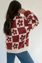 Load image into Gallery viewer, Red Dahlia Flower Plaid Henley Baggy Sweater
