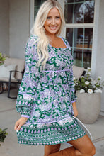 Load image into Gallery viewer, Green Floral Print Piping Trim Bubble Sleeve Square Neck Dress

