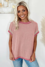 Load image into Gallery viewer, Light Pink Textured Contrast Trim Round Neck T Shirt
