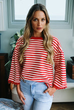 Load image into Gallery viewer, Racing Red Striped Print Drop Shoulder Lace Trim Bracelet Sleeve Loose Top
