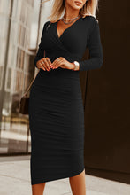 Load image into Gallery viewer, Black Long Sleeves Wrap V Neck Ruched Sheath Midi Dress
