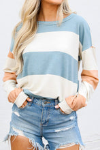 Load image into Gallery viewer, Light Blue Colorblock Striped Drop Shoulder Long Sleeve Top
