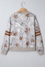 Load image into Gallery viewer, Gray Maple Leaf Camo Print Varsity Striped Sleeve Casual Sweatshirt
