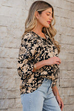 Load image into Gallery viewer, Black Floral Shirred Yoke Bracelet Sleeve Split Neck Boho Blouse
