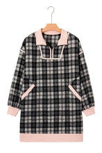 Load image into Gallery viewer, Black Plaid Polo Collar Zip up Contrast Trim Shift Long Sleeve Mini Dress
