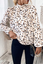 Load image into Gallery viewer, White Leopard Print Lantern Sleeve Mock Neck Pleated Blouse
