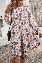 Load image into Gallery viewer, Khaki Tiered Floral Round Neck Ruffled Long Sleeve Dress
