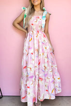 Load image into Gallery viewer, Pink Floral Print Knotted Shoulder Smocked Maxi Dress
