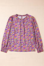 Load image into Gallery viewer, Purple Floral Allover Print Shirred Cuff Frilled O Neck Blouse
