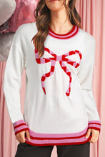 Load image into Gallery viewer, White Striped Trim Bow Graphic Round Neck Drop Shoulder Sweater
