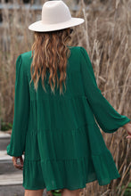 Load image into Gallery viewer, Green Puff Sleeve Mock Neck Back Knot Tiered Dress
