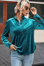 Load image into Gallery viewer, Green Frilled Neck Buttoned Front Velvet Top
