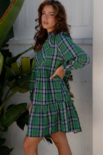 Load image into Gallery viewer, Green Plaid Print Frilly Collar Long Sleeve Shift Mini Dress

